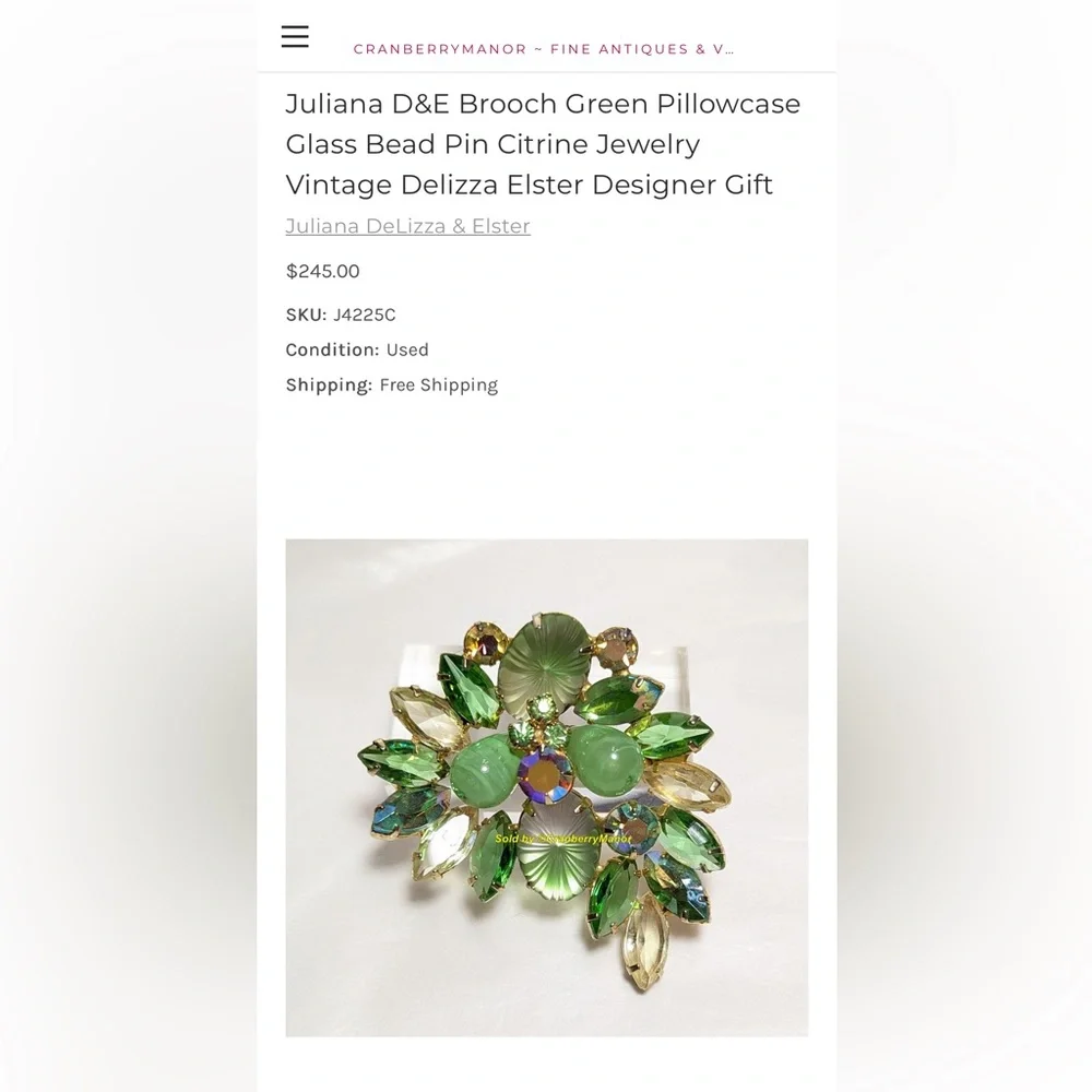 VERIFIED JULIANA D&E Molded Pillow Glass Green Givre Navette Rhinestone Brooch